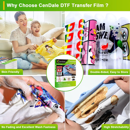 CenDale DTF Sublimation Kit - 30 Sheets A4 DTF Film for Sublimation Hack, 14oz DTF Powder White，DTF Transfer Starter Kit, Hot & Cold Peel DTF Transfer Film and Powder Kit for DTF & Sublimation Printer