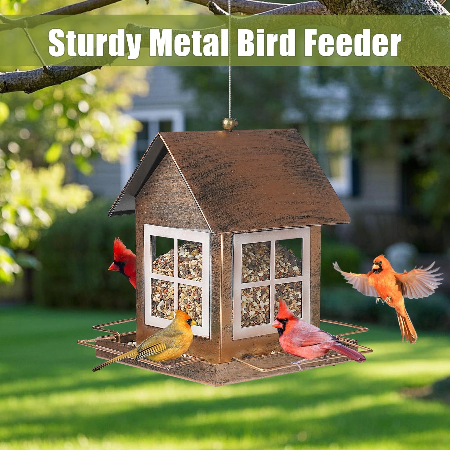 IWNTWY Bird Feeders, Heavy Duty Metal Bird Feeder for Outdoors Hanging, Weatherproof Large Capacity Wild Birdfeeder for Outside Garden Yard, Country House Shape