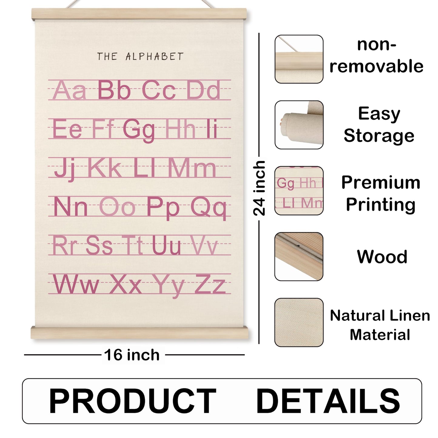 HRQKO Alphabet Numbers Poster Hanger Frame Set of 2, Pink Girls Nursery Wall Decor, ABC Poster Wall Art with Wooden Frames, Pink Alphabet Banner Wall Hanging Decor for Toddler Playroom, 16x24 inch