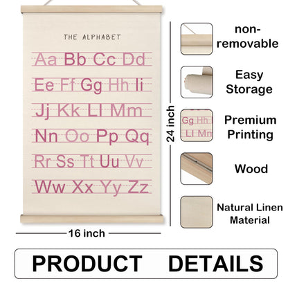 HRQKO Alphabet Numbers Poster Hanger Frame Set of 2, Pink Girls Nursery Wall Decor, ABC Poster Wall Art with Wooden Frames, Pink Alphabet Banner Wall Hanging Decor for Toddler Playroom, 16x24 inch