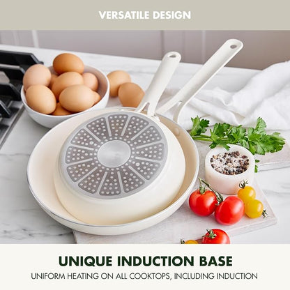 GreenPan Nova 2-Piece Nonstick Frying Pan Set, 8” & 10” Skillets, PFAS-Free Ceramic Cookware, Durable Fast Heating, Induction Ready, Omelet & Eggs, Oven Safe to 600F, Dishwasher Safe, Cream White