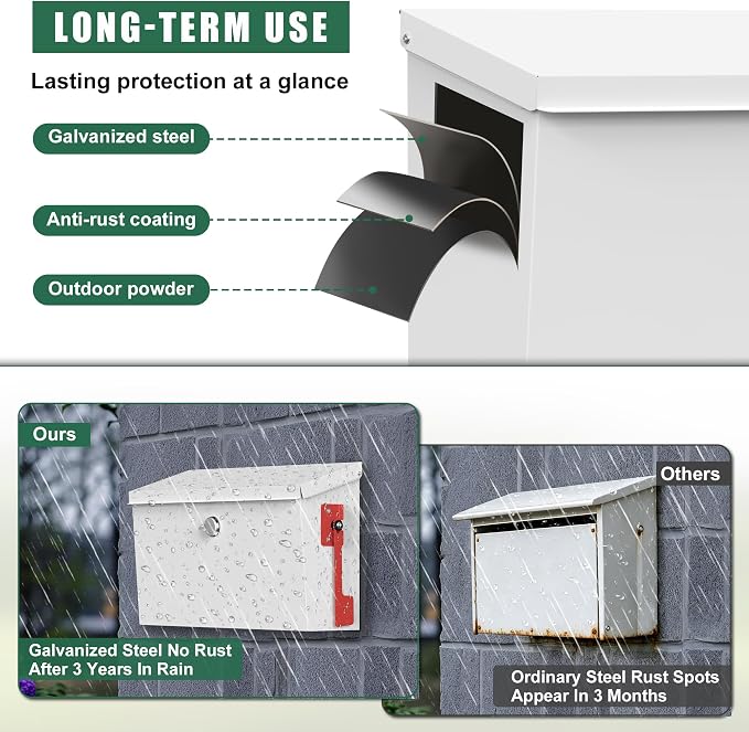 Large Wall Mount Mailbox for Outside with Flag, Locking Mailbox Wall Mounted, Galvanized Steel Rustproof Metal Mailbox, Modern Mail Box for House Outside, White, 15.9''x9.6''x5.2''