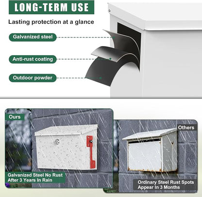 Large Wall Mount Mailbox for Outside with Flag, Locking Mailbox Wall Mounted, Galvanized Steel Rustproof Metal Mailbox, Modern Mail Box for House Outside, White, 15.9''x9.6''x5.2''