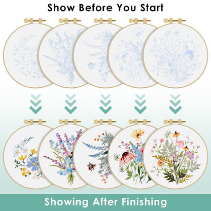 ERKOON Embroidery Kit for Beginners, 5 Sets Flower Cross Stitch Set for Adults Include Embroidery Cloth Hoops Threads for Craft Lover Hand Stitch with Skill Techniques (Flower)