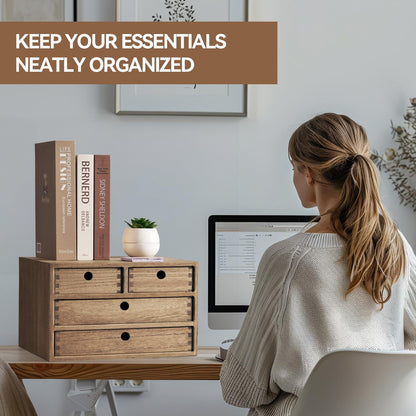 KIRIGEN Wood Desktop Storage Cabinet with 4 Drawers, 3-Tier Desk Organizer for Letter-Size Paper, Mail, Home Office Supplies, Makeup, Crafts, Desk or Countertop, Fully Assembled, Brown WJG34-DBR