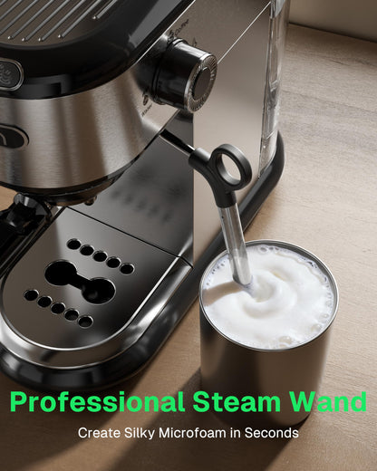 HBN 20 Bar Espresso Machine with Milk Frother, Compact Espresso Maker for Ground Coffee, Stainless Steel Coffee Machine with Steam Wand & 34oz Removable Water Tank, 1450W for Home & Office