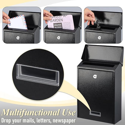 xydled Mail Boxes with Key Lock,Locking Mailbox Wall Mounted,Large Capacity,Steel Cover Metal Postbox for House, Black, 12.34''x8.5''x3''