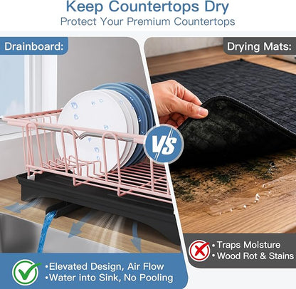 JASIWAY Pink Dish Drying Rack in Sink, Expandable Stainless Steel Dish Drainers with Drainboard for Kitchen Counter, Space Saving Dish Dryer Rack, Over The Sink Dish Racks with Utensil Holder