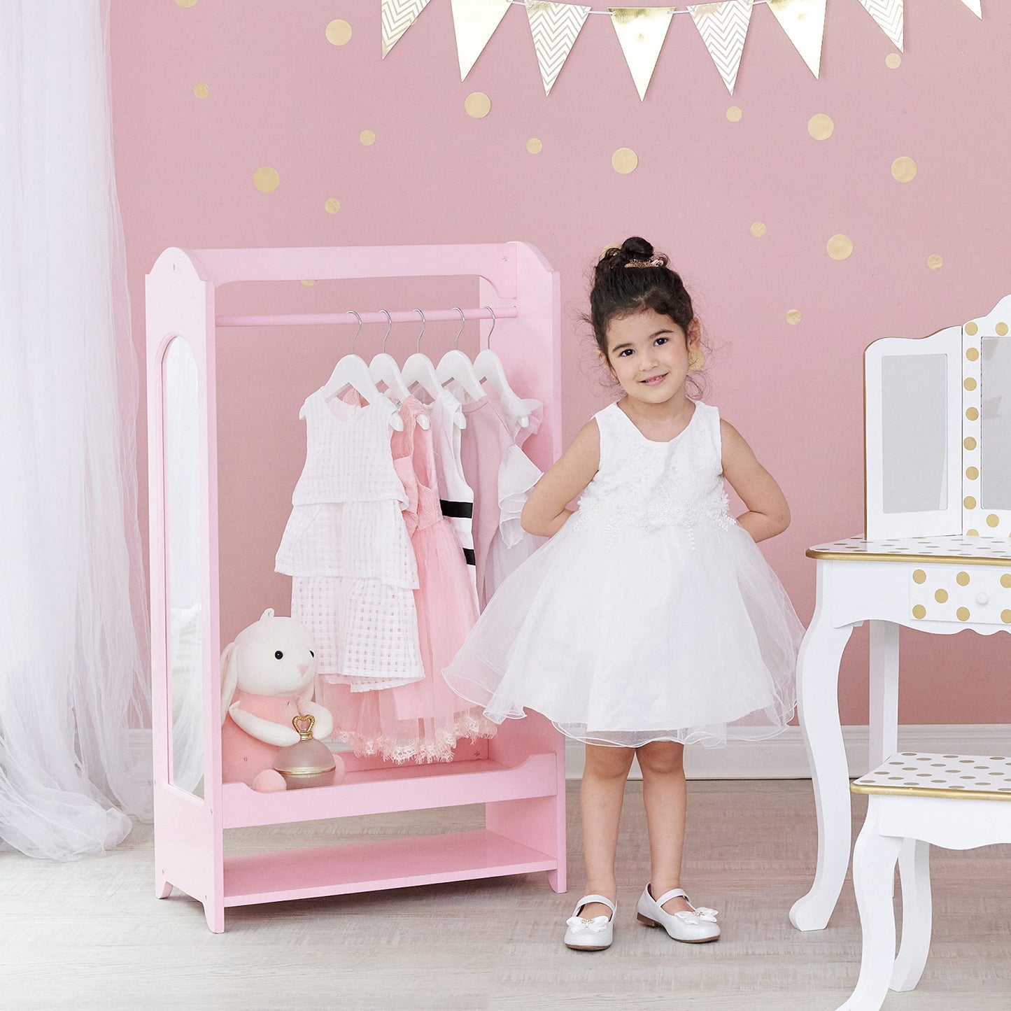 Teamson Kids - Kids Clothed Rack, Girl Dress Up Closet, Kids Dress Up Wardrobe, Dress Up Furniture Hanging Rack for Kids, Toddler Dress Up Station, Wooden Dress Up Unit with Hooks and Mirror - Pink