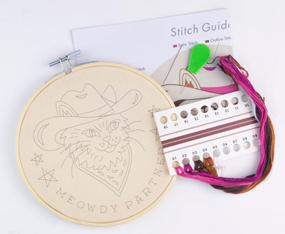 FUNATIC Meowdy Partner Embroidery Kit | Funny Beginner Needle Work Starter Set for Adults | Needlepoint DIY Arts and Crafts | Cross Stitch Set with Bamboo Hoop Floss Needles Threader Printed Fabric