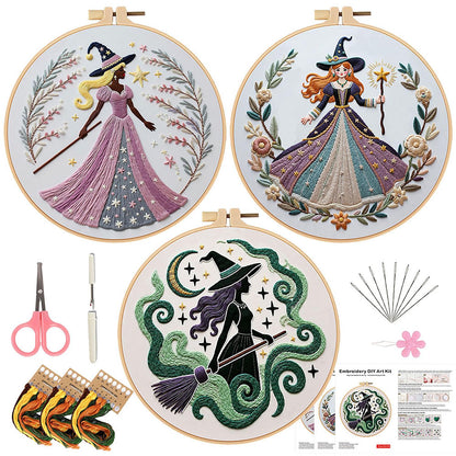 JinyunDengtu Embroidery Kit for Beginners, 3-Pack Witch Themed Needlepoint Starter Set with 7.8" Bamboo Hoop, Pre-Printed Patterns & Full Supplies, DIY Art Craft Kits for Adults & Teens (Gift-Ready)