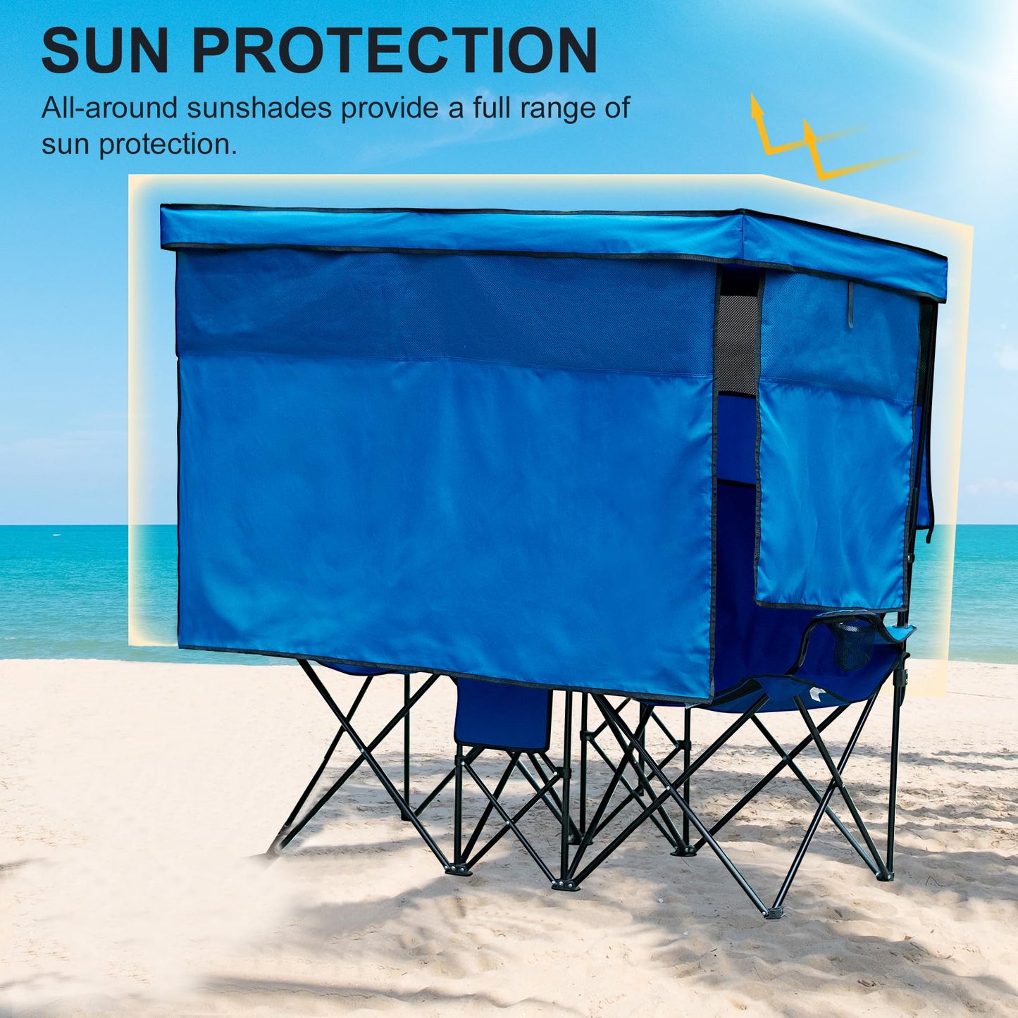 WTVIDAS Double Beach Chair with Canopy Shade Heavy Duty Camping Chairs with Cup Holder Folding Loveseat for Outside Lawn