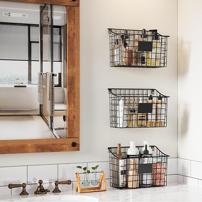 Wall Mounted Bin Basket with 5 Hooks 3 Label Plate Adhesive-3 Pack, Cabinet