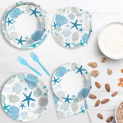 96Pcs Coastal Beach Party Decorations Blue Seashell Starfish Coral Plates and Napkins Sets Nautical Ocean Birthday Party Decorations for Summer Beach Baby Shower Wedding Party Supplies Serves 24