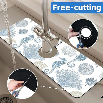 Marine Seashell Seahorse Coral Kitchen Sink Splash Guard Mat Absorbent Fast