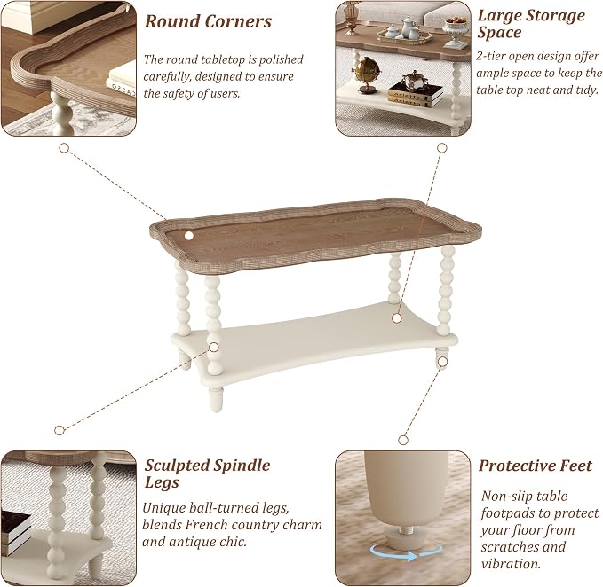 Function Home Farmhouse Coffee Table, 2-Tier Center Table with Storage Shelf, 39.8" French Country Rectangle Accent Table with Natural Tray Top and Spindle Legs for Living Room Balcony, Antique White