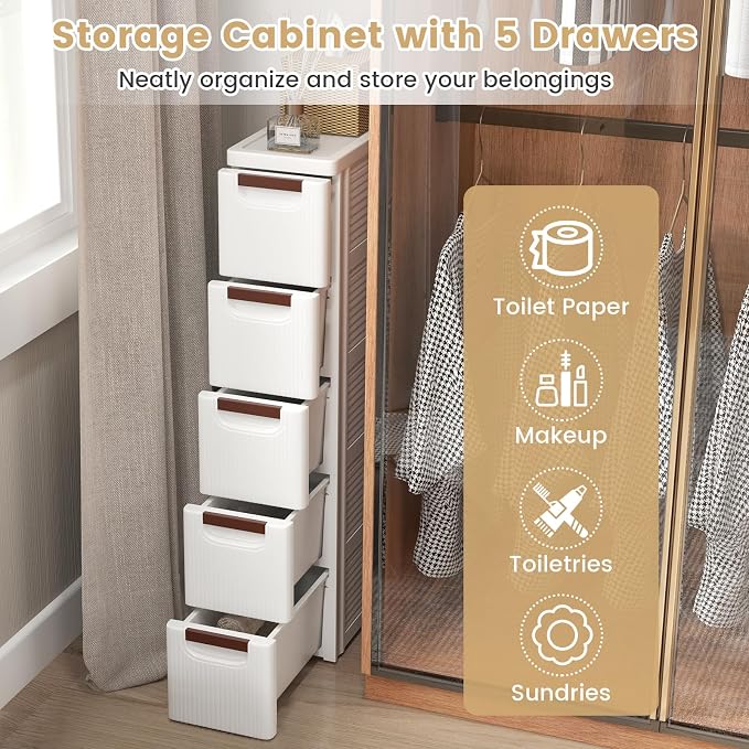 LOKO 5-Drawer Narrow Storage Cabinet, Slim Rolling Cart, Mobile Plastic Cart Container with Pull Handles, Built-in Wheels, for Living Room, Kitchen, Bathroom, Office (7.5"x16.5"x36" (5 Drawer))