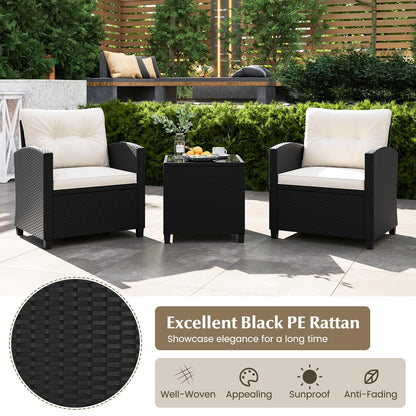 Tangkula 3 Piece Patio Furniture Set, Rattan Conversation Set w/Soft Seat & Back Cushions, Tempered Glass Topped Coffee Table, Cushioned Wicker Seating Set for Backyard, Porch, Poolside (Off White)