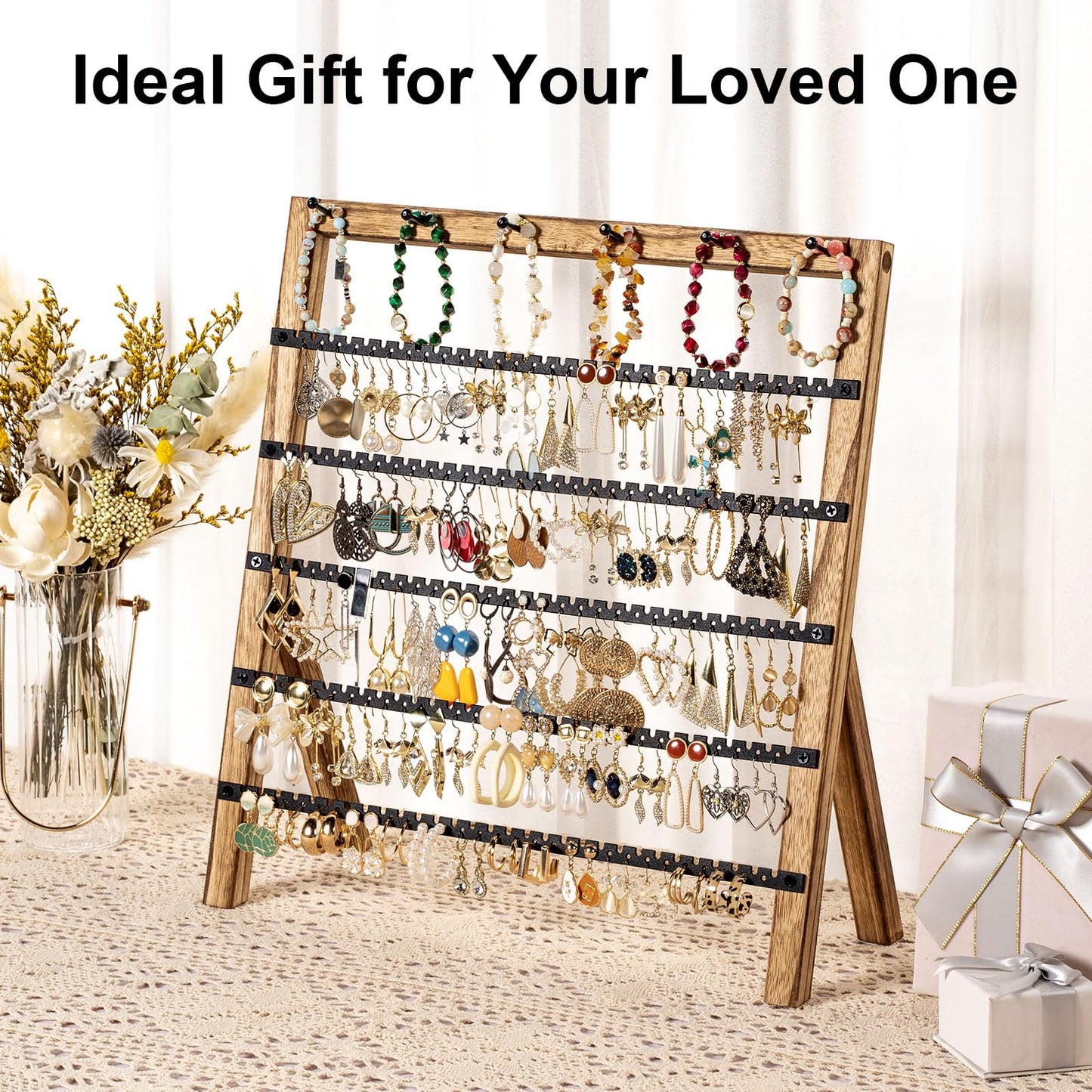 Emfogo Earring Holder Organizer, 6 Tier Earring Display Stand with 285 Holes & 6 Bracelet Rods, Rustic Wood Jewelry Organizer for Earring Bracelet Necklace Ring, Gifts for Women (Rustic)