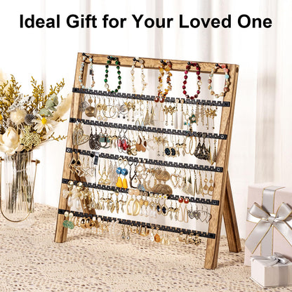 Emfogo Earring Holder Organizer, 6 Tier Earring Display Stand with 285 Holes & 6 Bracelet Rods, Rustic Wood Jewelry Organizer for Earring Bracelet Necklace Ring, Gifts for Women (Rustic)