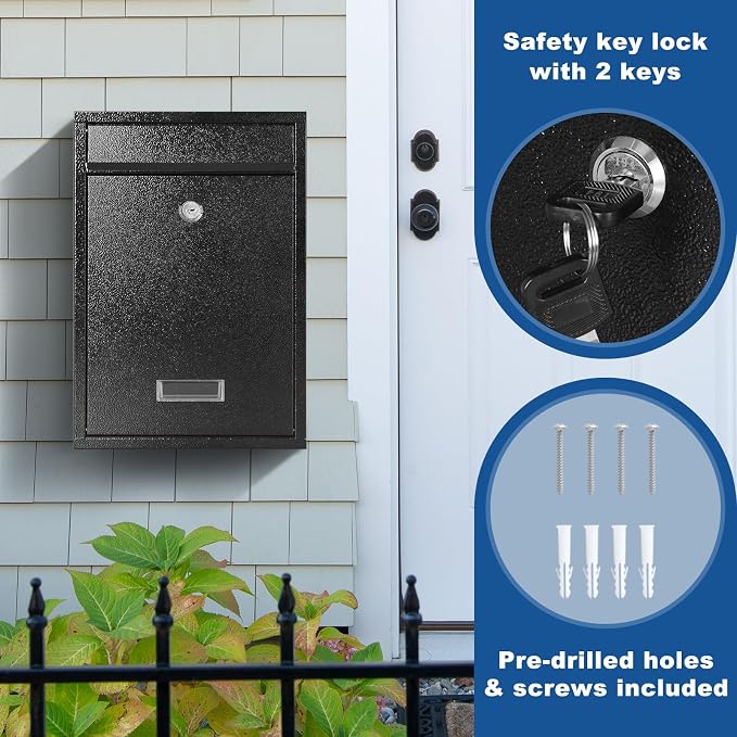 KYODOLED Mailbox for Outside, Wall Mount Locking Mailbox, Security Drop Box with Key Lock for Letters, Cash, Cards, Steel Mail Box for House Office School, 12.4H x 8.54L x 3.35W Inches, Black