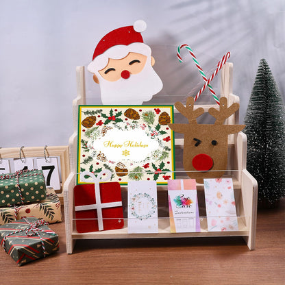 GLOBLELAND 4-Tier Wooden Greeting Card Display Stand Portable Card Display Rack Card Organizer Rack for Vendors Postcards Brochure Photos Sticker Retail Stickers Bookmark 10.2x11.6x11.6 inch