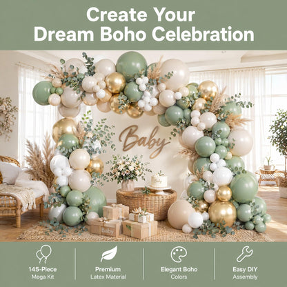 KARLURE Sage Green Balloon Arch Kit Garland with Retro Green White Sand Gold Balloons for Baby Shower Baby In Bloom Wedding Birthday Neutral Rustic Boho Botanical Greenery Wild Decor Party Decorations
