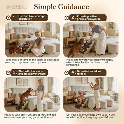 4-Step Wooden Dog Steps for Bed, Anti-Slip Dog Stairs with Carpet Pads, 23.6 Inches Pet Ramp for Dogs to Get on Bed, Pet Stairs for Old & Senior Dogs/Cats, Pet Steps Ladder for High Beds/Couch Sofa