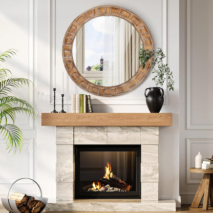 XGGJWW 30 Inch Brown Solid Wood Round Wall Mirrors, Decorative Circle Mirror for Bathroom, Bedroom, Living Room, Hallway, Foyer, Entryway
