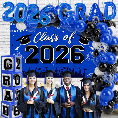Graduation Decorations 2026, Blue Black Graduation Party Decorations 123pcs Balloon Boxes with Letters, Balloon Arch Kit and Backdrop for 2026 Grad Decor Class of Party Supplies