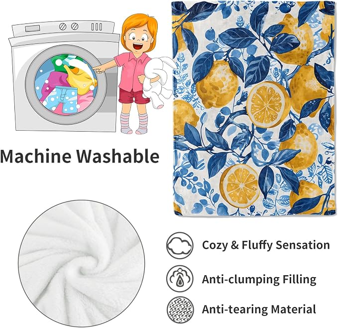 Lemon Blanket Fresh Citrus Fruit Throw Blankets with Blue Leaves,Birthday Gifts for Girls Boys Women & Food Lovers,Lightweight Soft Fleece,for Sofa Couch Bed Room Summer Decor 40x50in