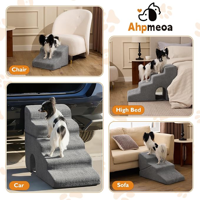Dog Stairs for Bed 19.5’’ H, 4-Step Dog Steps for High Bed, Pet Stairs for Small Dogs and Cats to Get on Beds, Couch, Non-Slip Balanced Pet Steps and Ramp with Waterproof Cover and Tunnel, Grey
