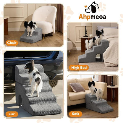 Dog Stairs for Bed 19.5’’ H, 4-Step Dog Steps for High Bed, Pet Stairs for Small Dogs and Cats to Get on Beds, Couch, Non-Slip Balanced Pet Steps and Ramp with Waterproof Cover and Tunnel, Grey
