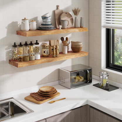 Acovy Extra Deep 32" Long Live Edge Rustic Floating Shelves for Wall, Solid Wood Wall Shelves with Invisible Bracket Mount for Living Room Bathroom Bedroom Kitchen, Set of 2, Natural
