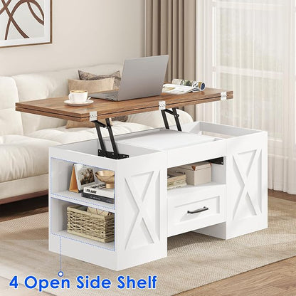 kepptory 39.4'' Lift Top Coffee Table with Storage, 4 in 1 Multi-Function Convertible Coffee Tables for Living Room, Farmhouse Coffee Table with Open Storage Compartment & Drawers (Brown&White)