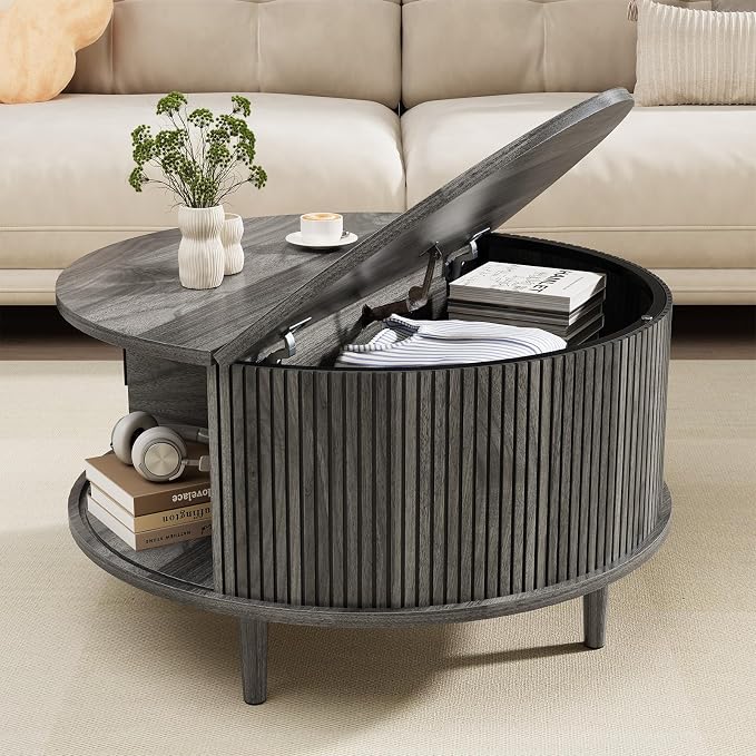 Round Coffee Table with Storage, Mid Century Modern Coffee Table, Fluted Dining Table with Sliding Door, Circle Coffee Table for Living Room Home Office, 31.5", Gray
