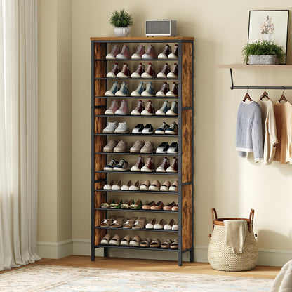 YATINEY 12-Tier Wooden Shoe Storage Organizer and 12-Tier Tall Shoe Rack, Large Shoe Storage Organizer for Closet SS212BR-SS42BR