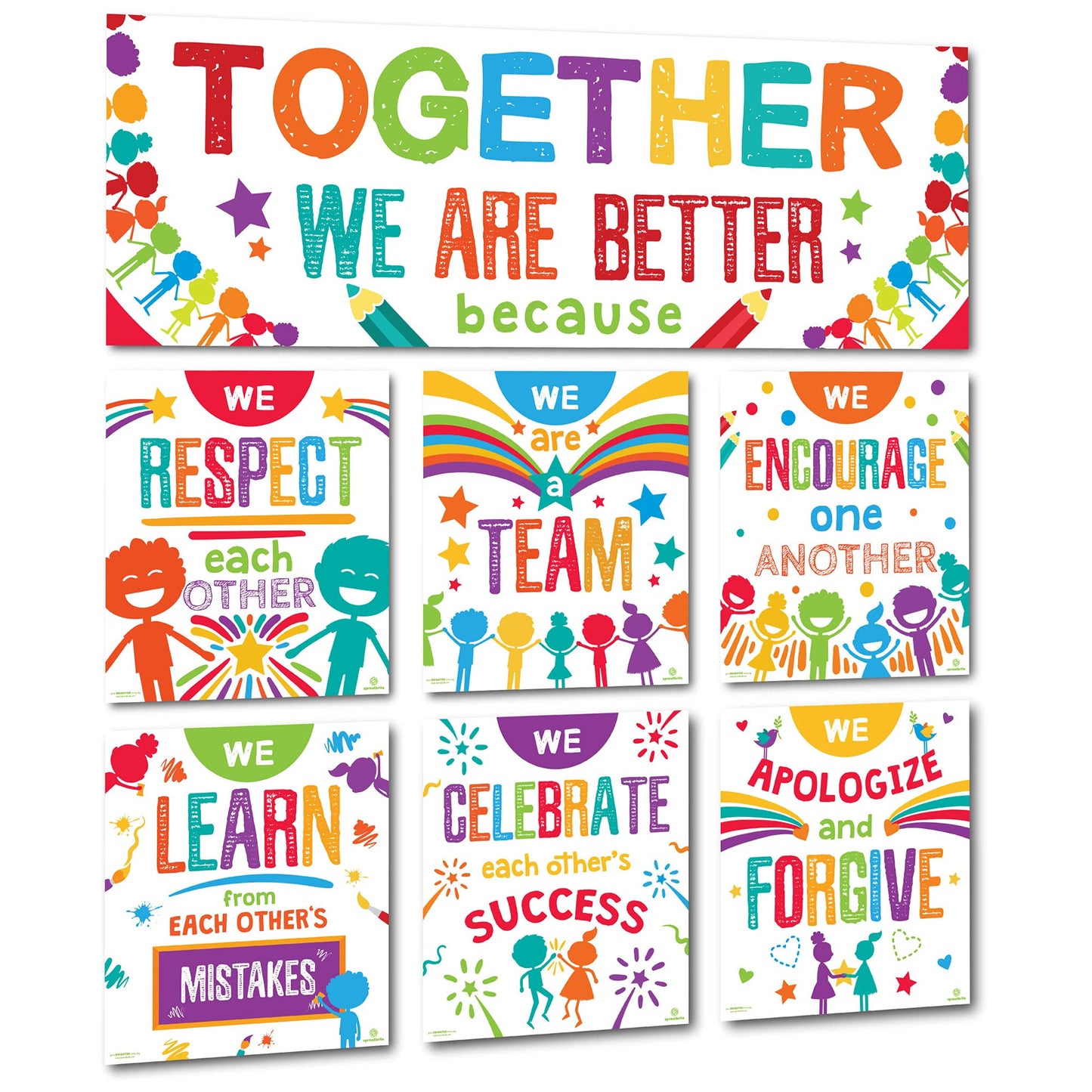 Sproutbrite 7 Educational Posters & Charts - Big Banner 13.5" x 39" Smaller 12" x 13.5" - Together We Are Better Banner & Teacher Posters - Bulletin Board and Wall Decor for Pre, Elementary and Middle School - Promotes Respect, Teamwork, and Positive Clas