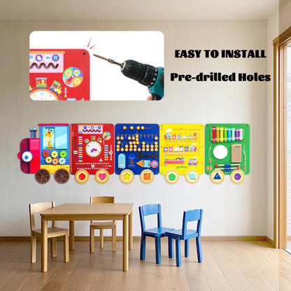 UREDISO Train Activity Wall Busy Board,Wooden Busy Board Train Activity Wall Panels,Montessori Sensory Wall Toys Panel for Kids, Learning Activity Center for Playroom,3 Years Old and Over (Train)
