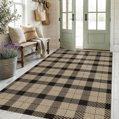 Easy Jute Farmhouse Area Rug 5x7, Washable Indoor Outdoor Plaid Rug, Black and Tan Rustic Woven Non Slip Carpet for Living Room, Entryway, Patio, Bedroom, Under Bed