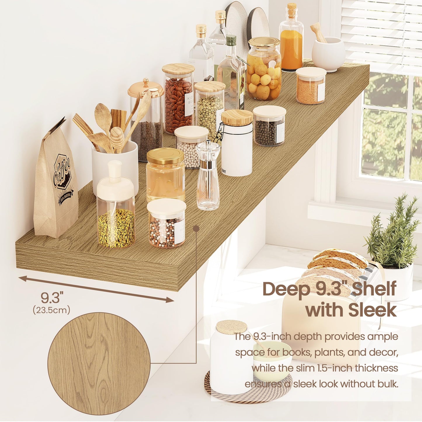 Vivelove 40 Inch Floating Shelves for Wall, 39.4x9 Display Shelves for Bathroom Living Room Kitchen Bedroom Office Farmhouse Home Decor - Set of 2, Oak