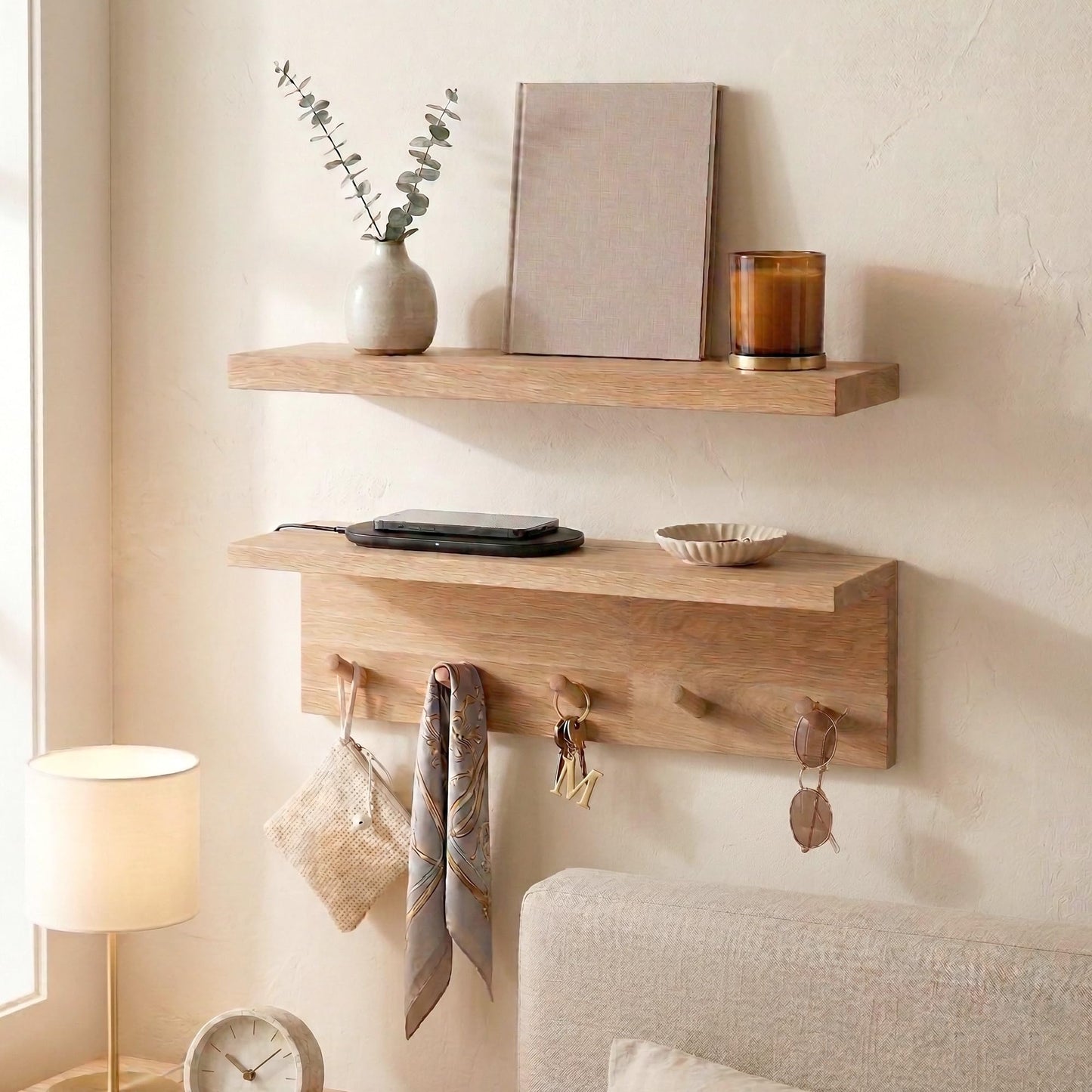 RIVERVALLA Floating Wall Shelves with Hooks, Rustic Wood Coat Rack & Storage Organizer for Entryway, Kitchen & Bedroom, Wall Mounted Display Shelf for Books, Plants & Photos