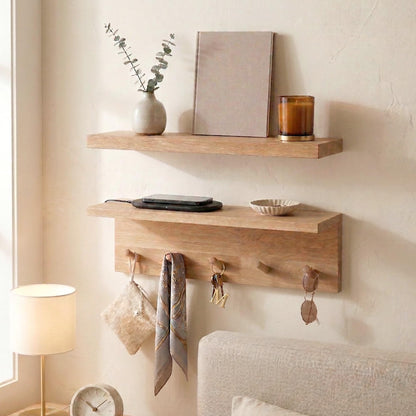 RIVERVALLA Floating Wall Shelves with Hooks, Rustic Wood Coat Rack & Storage Organizer for Entryway, Kitchen & Bedroom, Wall Mounted Display Shelf for Books, Plants & Photos