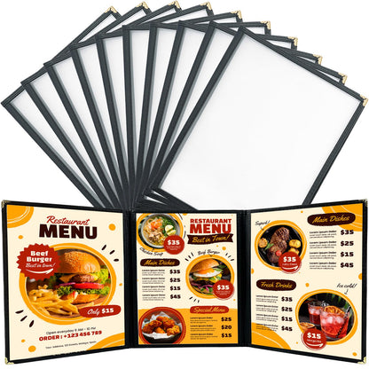 FLKQC 10 Pack 3 Page Menu Covers, 6 View 8.5 x 11 Inch Clear PVC Menu Holder, Double Stitched Restaurant Menu Sleeves for Food, Wine & Drink Menus, Morning Menu Sleeves