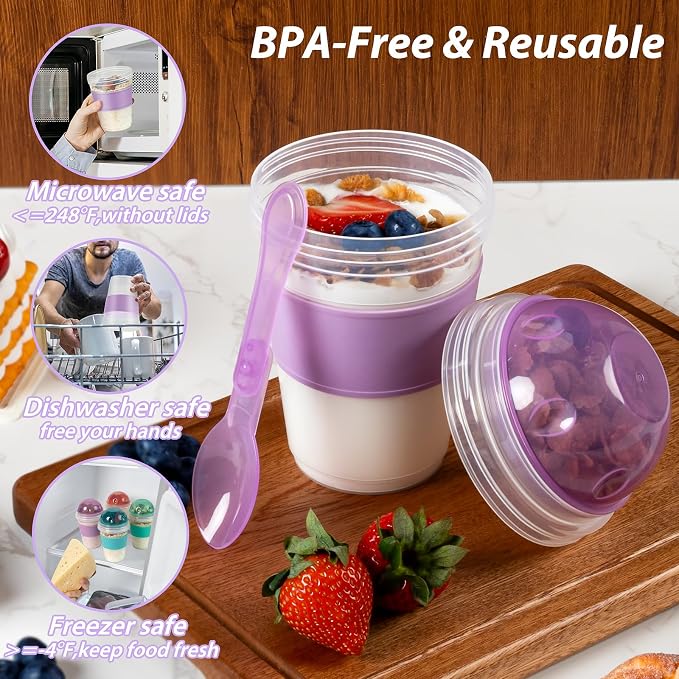 Freshmage 4 Pack 20 oz Yogurt Parfait Cups with Lids, Reusable Overnight Oats Containers with Lids, Folding Spoons and Topping Compartment for Breakfast to Go