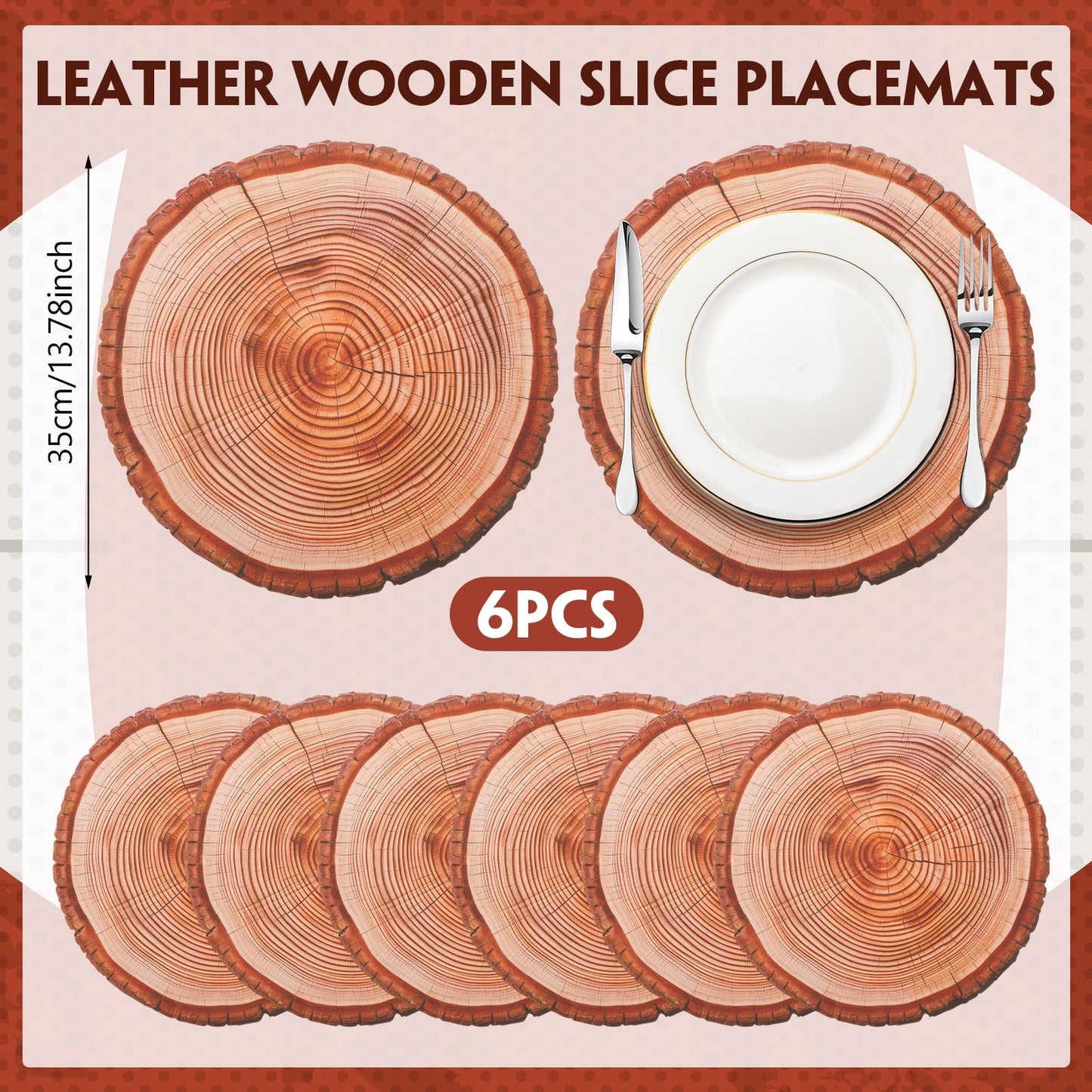 Remerry Leather Wooden Slice Placemats Set of 6, 13.8'' Round Rustic Charger Plates Wood Slices Place Mats Farmhouse Table Mats for Wedding Table Decoration Kitchen Dining Waterproof