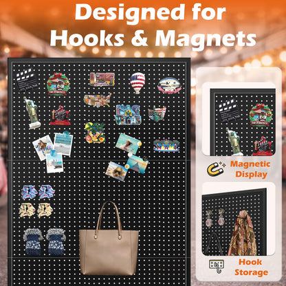 Royxen 3.5 x 6 Feet Metal Pegboard with 50 Hooks, Peg Board Display Stand with Wheels, Large Standing Pegboard Displaywith T-Base Art Display Stand for Retail Stores Exhibitions Homes (Black)