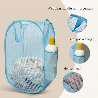 The upgraded pop-up laundry basket features a breathable side pocket mesh design