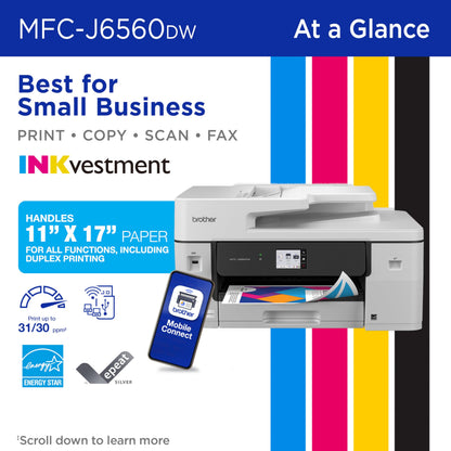 Brother INKvestment 6560 Wireless Color Inkjet All-in-One Printer with 11”x17” Capabilities and 2.7” Color Touchscreen | Includes Refresh Subscription Trial(1) (MFC-J6560DW)