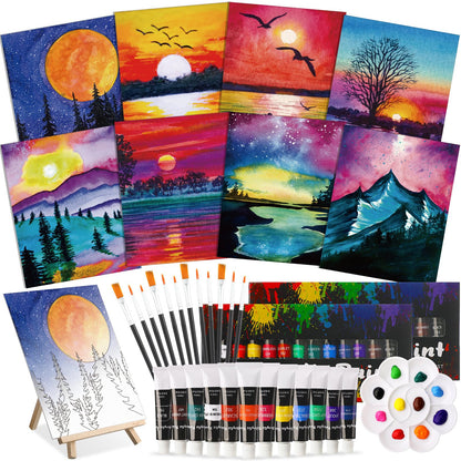 Cholemy 36 Pcs Paint and Sip Kit for Adults 8''x10'' Pre Drawn Canvas for Painting DIY Afro Acrylic Painting Kit Wood Easel Brushes Date Night Bulk for Father's Day Party Gifts(Mountain)